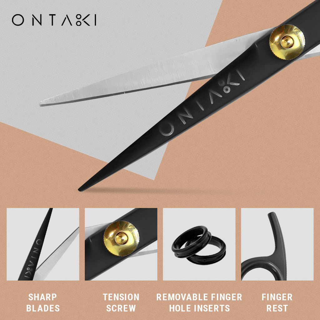 ONTAKI Hair Thinning Shears Kit with sharp blades, texturizing shears, and razor comb for adding texture and removing bulk.