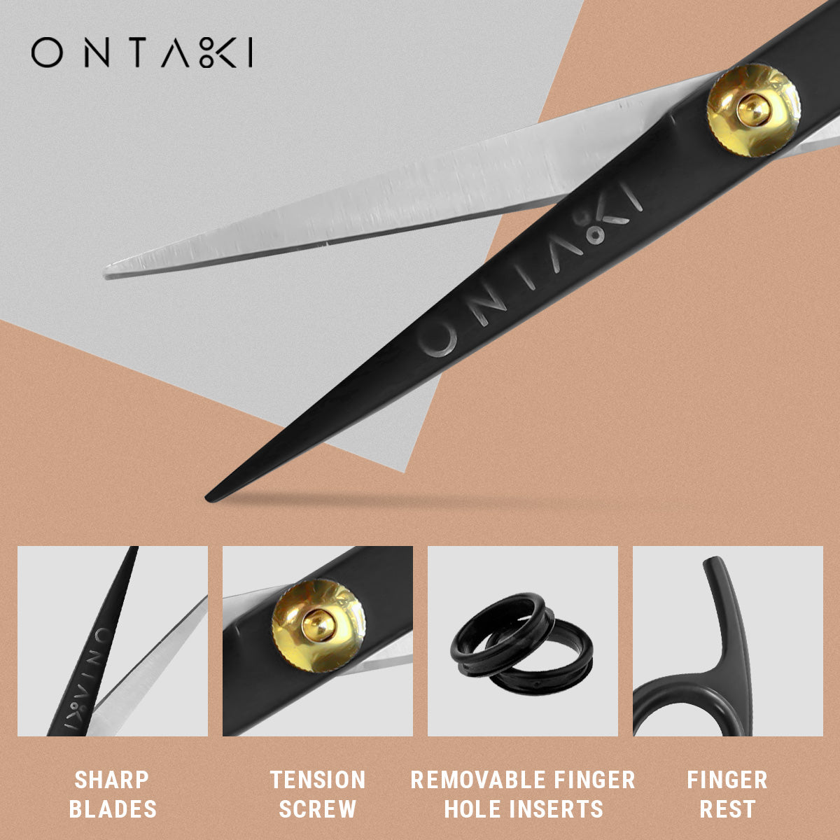 ONTAKI Hair Thinning Shears Kit with sharp blades, texturizing shears, and razor comb for adding texture and removing bulk.