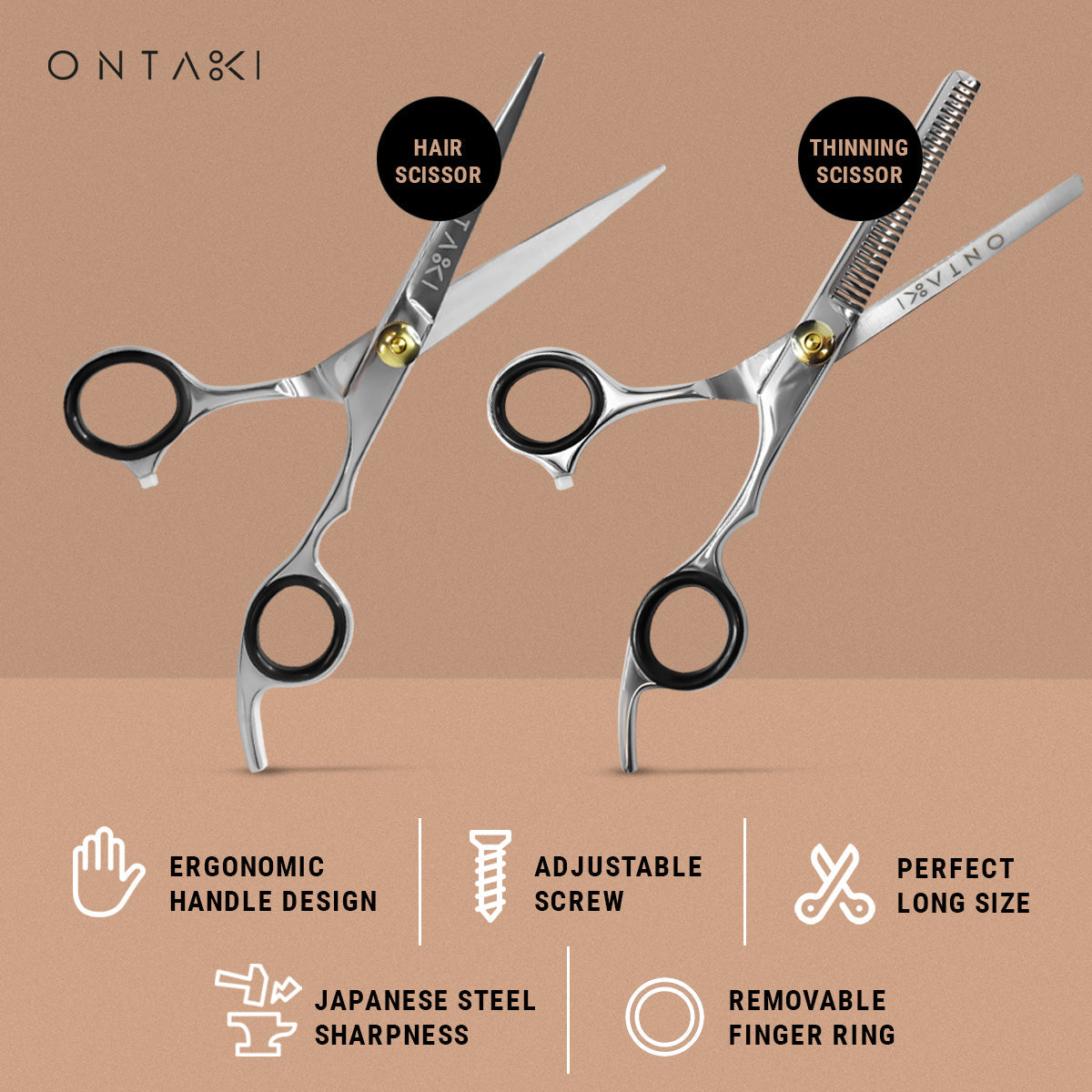 ONTAKI Hair Thinning Shears Kit with ergonomic design, adjustable screw, and Japanese steel sharpness.