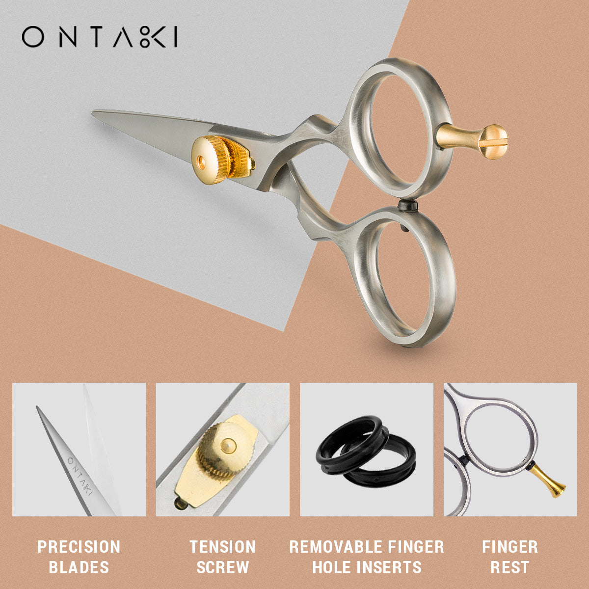 ONTAKI Premium Japanese Steel Beard Scissors with gold and black design, tension screw, precision blades, removable finger hole inserts, and finger rest.