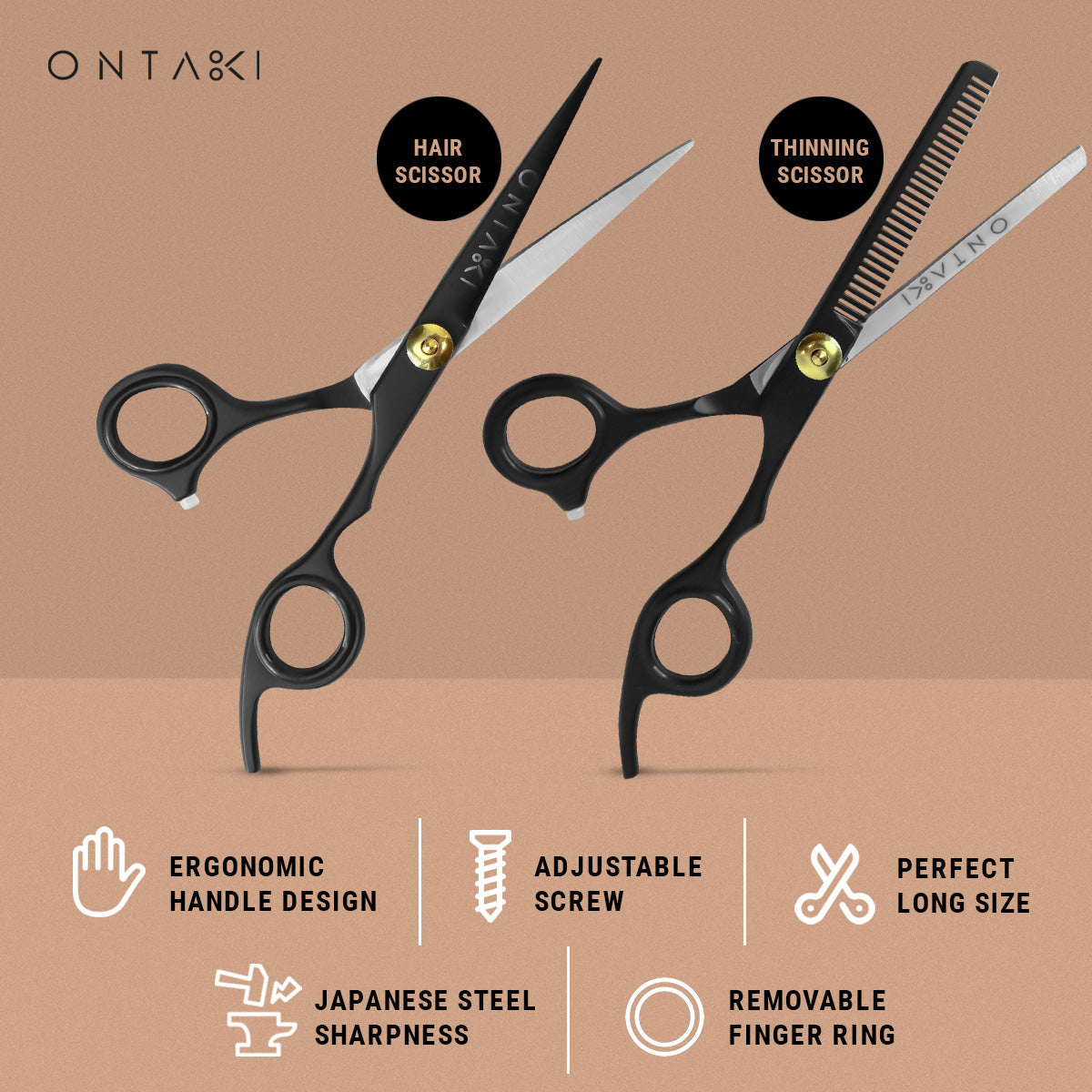 ONTAKI Hair Thinning Shears Kit with ergonomic handle, adjustable screws, and Japanese steel sharpness for precision cutting.