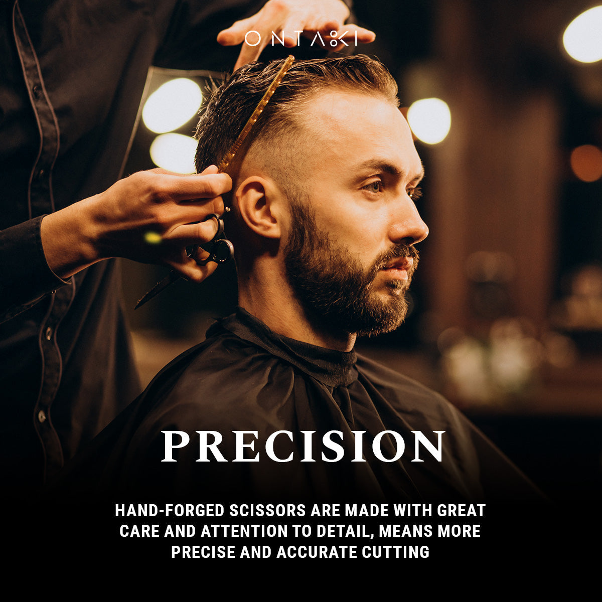 ONTAKI Hair Thinning Shears Kit used by a barber for precise haircutting.