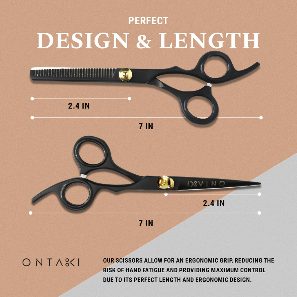 ONTAKI Hair Thinning Shears Kit with ergonomic design, including thinning and regular scissors, texturizing shears, razor comb, and comb set.