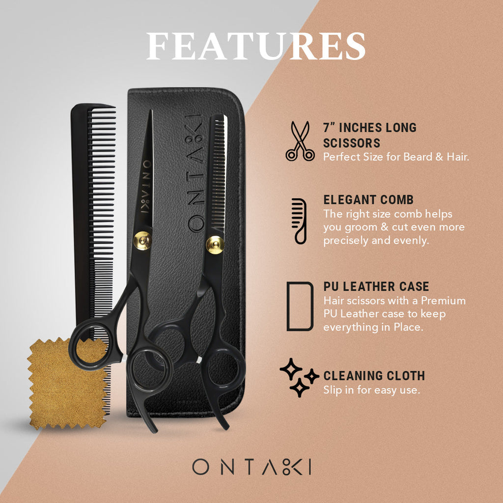 ONTAKI Hair Thinning Shears Kit with scissors, texturizing shears, razor comb, and case.