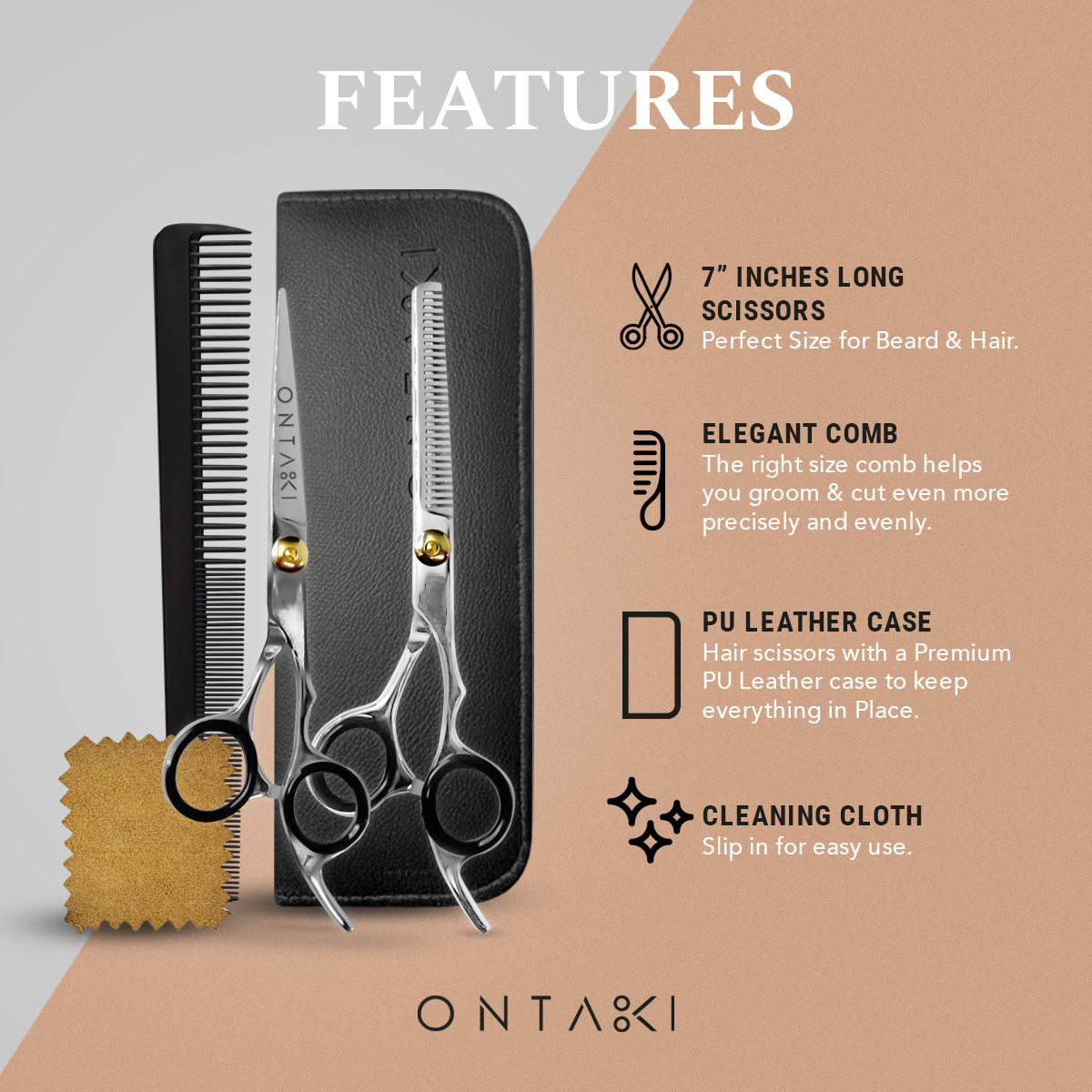 ONTAKI Hair Thinning Shears Kit with scissors, texturizing shears, razor comb, and case.