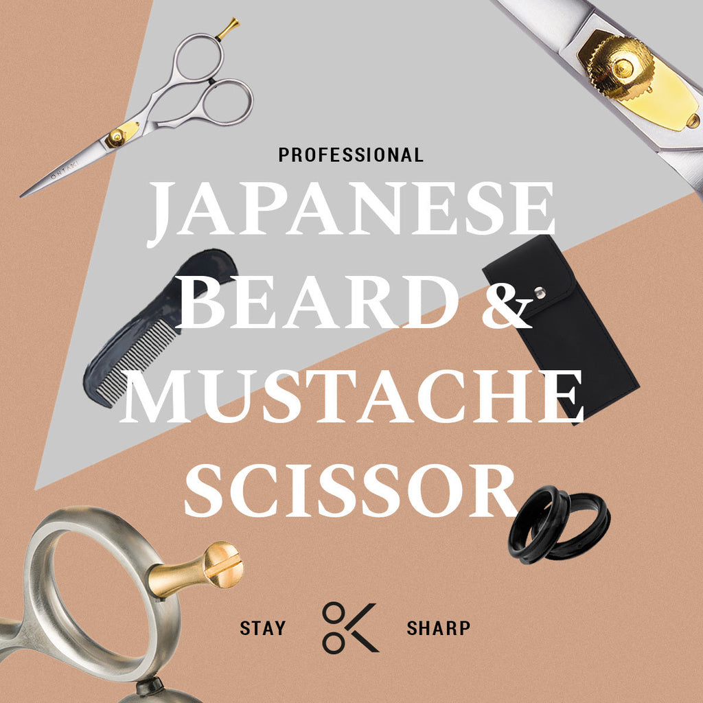 Premium Japanese beard and mustache scissors with gold and black design, surrounded by grooming tools, focus keyword: Beard Scissors.