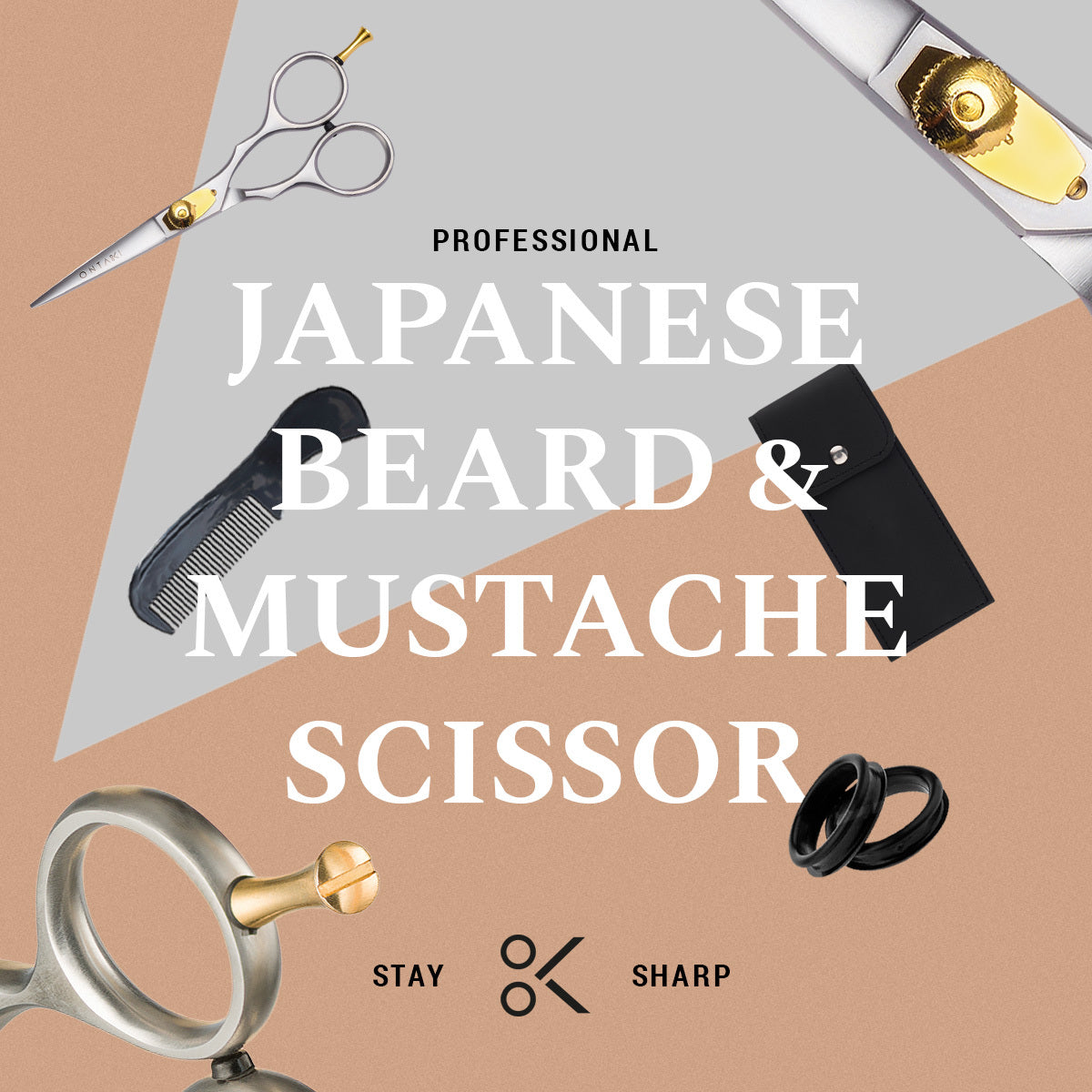 Premium Japanese beard and mustache scissors with gold and black design, surrounded by grooming tools, focus keyword: Beard Scissors.
