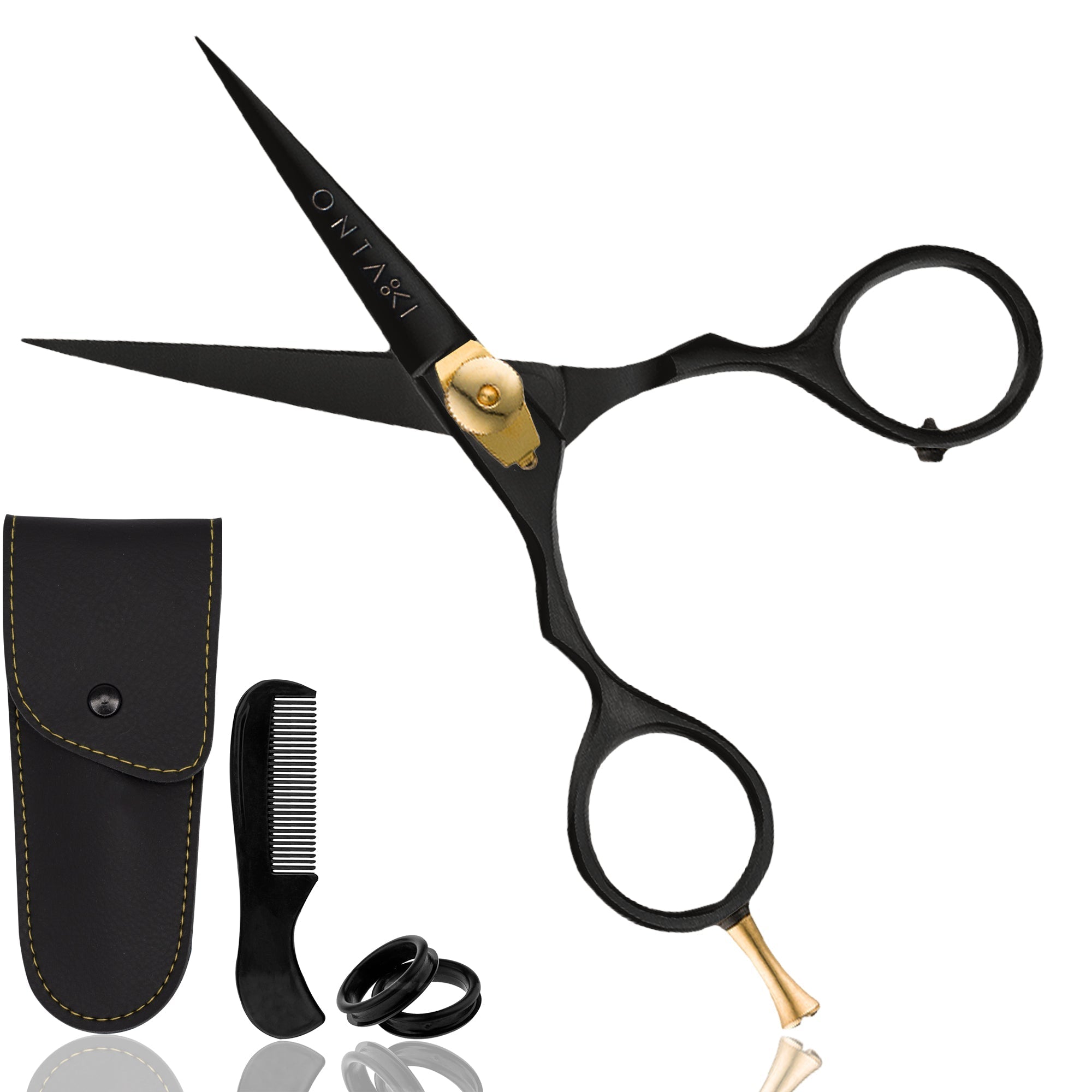 ONTAKI Premium Japanese Steel Beard & Mustache Scissors with gold and black design, 5.5" precision blades, tension screw, and accessories.