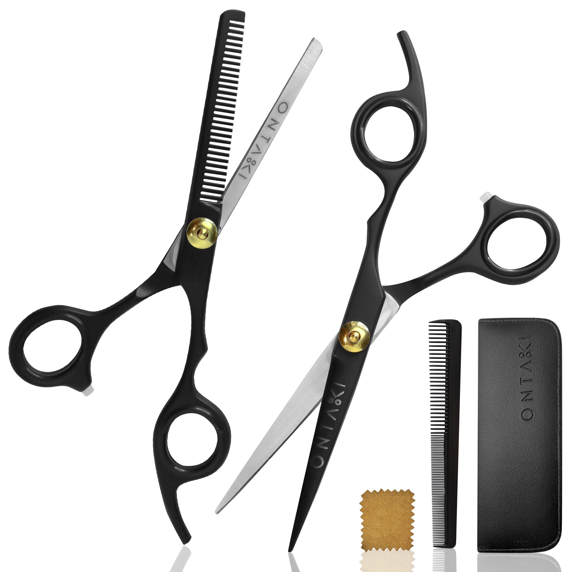 ONTAKI Hair Thinning Shears Kit with scissors, texturizing shears, comb, and case.