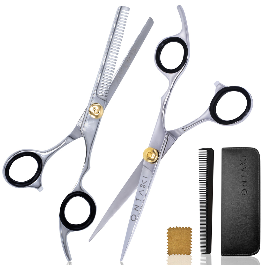 ONTAKI Japanese Steel Hair Cutting Scissors Thinning Shears Kit - 7 Professional Hair Scissors Set with 1 Comb & Pouch - Silver